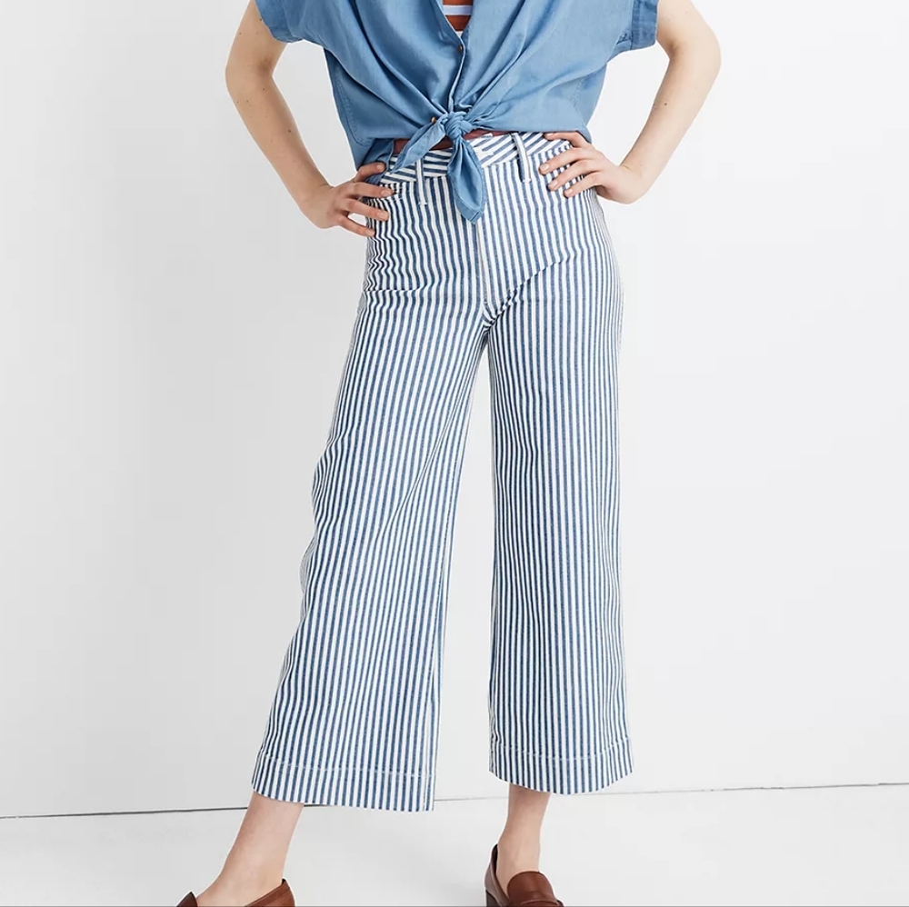 Emmett Wide-Leg High Waisted Crop Pants in Herringbone Railroad Stripe